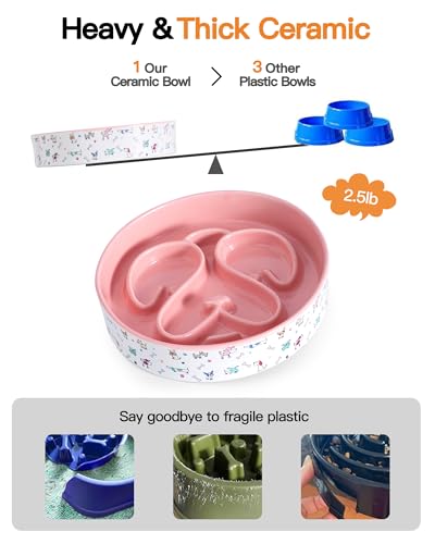 Slow Feeder Dog Bowl, 8” Ceramic Dog Bowls for Medium & Large Breed, Pink﻿ - color: Pink