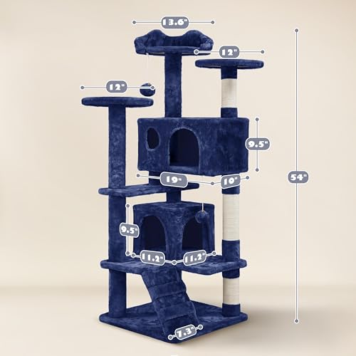 Yaheetech 54in Cat Tree Tower, 2 Caves, Kitten-Ear Perch & Scratching Posts - color: Navy Blue, size: 54in