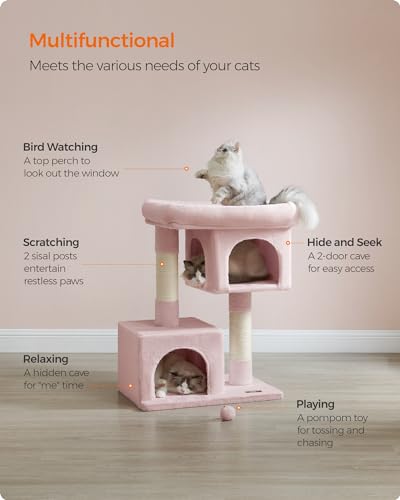 Feandrea Cat Tree, 33.1-Inch Cute Cat Tower, Plush Kitten Condo, Jelly Pink - color: Jelly Pink, size: L (23.6"L x 15.7"W x 33.1"H)