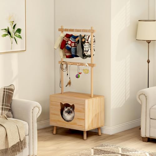 Cat House Side Table,Dog Closet Wooden Pet House Kitten Clothes Rack,Indoor Cat Activity Center for Toy Organization,No Paint (Natural)