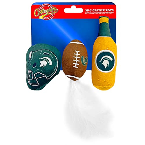 BEST PLUSH CAT TOY: NCAA MICHIGAN STATE SPARTANS Complete Set of 3 piece Cat Toys filled with Fresh Catnip. Includes: 1 Helmet Cat Toy, 1 Football Cat Toy with Feathers & 1 Beer Bottle. With Team LOGO - color: MICHIGAN STATE SPARTANS