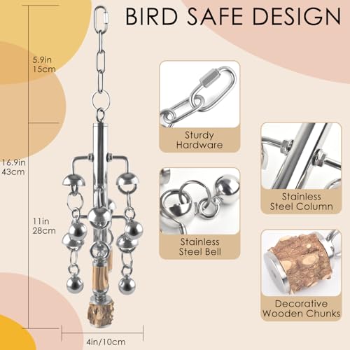 KATUMO Large Bird Toys, Natural Wooden and 304 Stainless Steel Bell Toy for Parrots, 1.46 LB Heavy Birds Cage Toy for Amazon Parrot, African Greys, Budgies, Lovebirds, Cockatiels,Cockatoo - color: Silvery