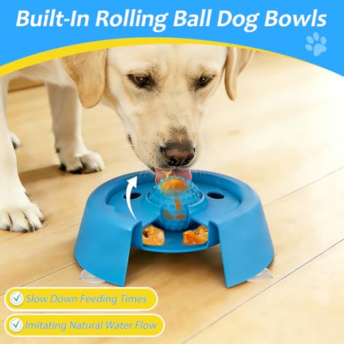 Slow Feeder Dog Bowls for Liquid Treat Dog Lick Bowl with Enrichment Rolling Ball Toy for Bone Broth Yogurt and Liquid and Thick Treat with Suction Cup Base for Small Medium Large Dogs