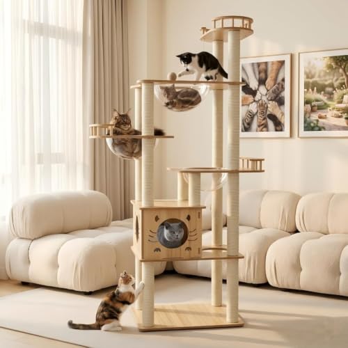 Yinanroa 73-Inch Cat Tower for Multiple Cats, Cat Tower for Large Cats, Slim, Stable, Freestanding, Popular,Prevents Cats from Falling, Space Saving, Wooden Cat Tree. 20lb (8782) - size: 8782