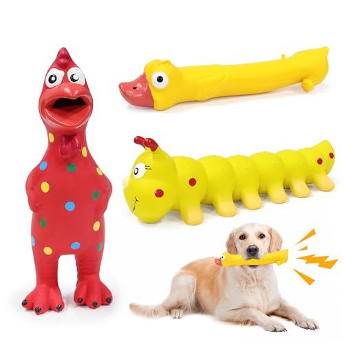 Rubber Chicken Dog Squeaky Toys, Durable Latex Chew Toys for Small Medium Large Size Dogs, Teething Puppy Dogs (3 Pack-Large) - color: 3 Pack-Large