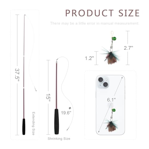 SONGWAY Cat Teaser Wand Toy - 10 Pieces Insect Cat Feather Toy Set with Retractable Wand and Feather Refills with Bell, Interactive Toys for Indoor Cats - size: Wand Cat Feather Toys 1 Piece
