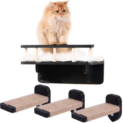 Cat Wall Shelf With 3 Steps And Plush Cover For Indoor Cats - Black - color: Black