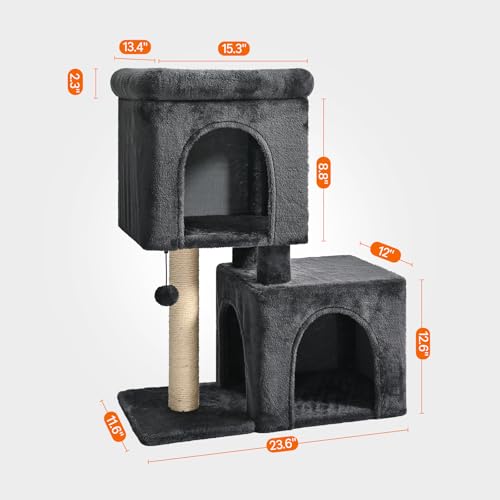 Amazon Basics 30-Inch Cat Tree Tower, Activity Center with 2 Plush Condos, Sisal Scratching Post and Hanging Pompom, Gray - size: 30 in