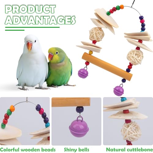 Parrot Cuttlebone Swing Toy – 2-in-1 Hanging Perch with Natural Wood Slices, Rattan Balls & Colorful Beads – Calcium-Rich Chewing Station for Cockatiels, Budgies, Parakeets