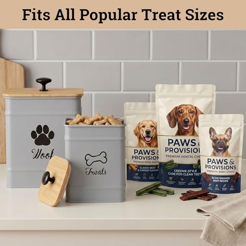 Dog Treat Container Set of 2 with Airtight Bamboo Lids - 8x6 & 7x5 inch - color: Gray - Large