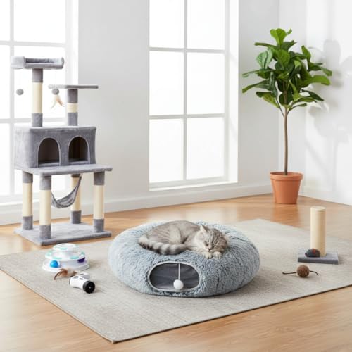 AUOON Plush Cat Tunnel Bed for Indoor Cats, 36" L x 36" W x 11.5" H, Gray - color: Gray