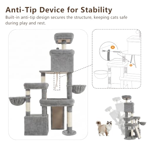Heybly Cat Tree 72.4-Inch Anti-Tip Cat Tower with Spacious Perches HCT060W - color: Light Gray