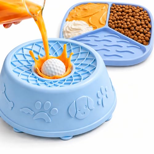 Slow Feeder Dog Bowls with Rolling Ball & Lick Mat for Dogs, Interactive Dog Enrichment Toy, Anti-Slip Puzzle Feeder for Yogurt, Bone Broth & Wet Food, Slow Eating Bowl for Small, Medium & Large Dogs - color: Light Blue