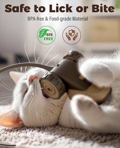 CYROS 3-in-1 Interactive Cat Toy - 2-Speed Automatic Moving Mouse Cat Toys Self Play with 2pcs Hanging Feather String Ribbon and Wiggly Silicone Mice Tail for Bored Indoor Adult Cats Kittens - color: Brown