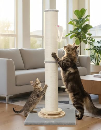 Globlazer Extra Thick Large Scratching Post for Indoor Cats Adults and Kittens, 35in Tall Natural Sisal Rope Scratcher Post, Large Cat Scratcher with Ball Interactive Toy, SC35, Light Grey - color: Light Grey