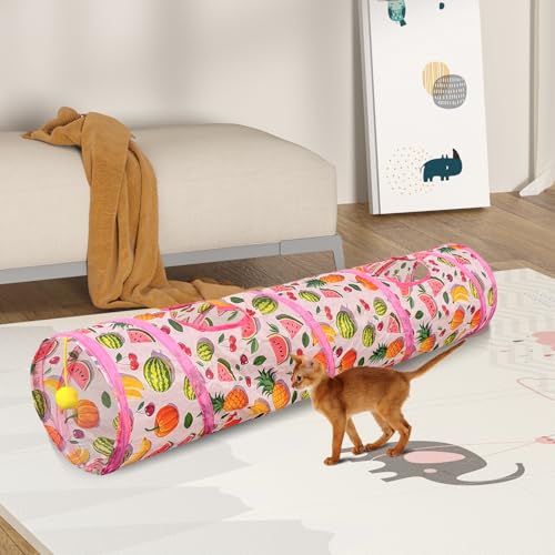 Andiker Cat Tunnel for Indoor Cats, 45" Long Rainbow Collapsible Kitten Tube with a Fun Ball and 2 Holes Cat Play Tunnel, Rabbit Tunnel for Kittens Exercising Hiding Training and Running (Pink) - color: Pink
