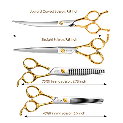 Professional 7.5" Dog Grooming Scissors Kit 4pcs, JP 440C Stainless Steel Curved Blender Straight Chunker Shears for Dog Cat and Pets (7.5 in Kit, Gold) - size: 7.5 inch, style: Kit