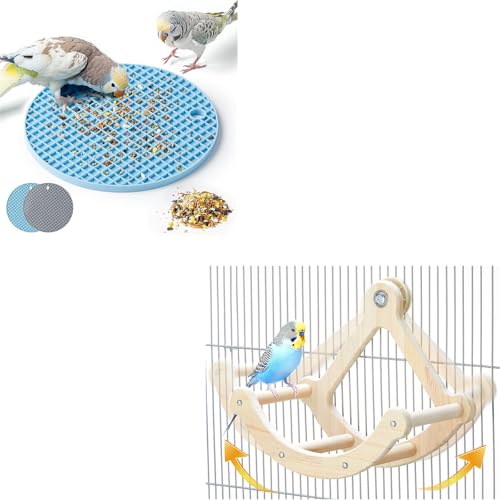 2Pcs Bird Foraging Toys Puzzle, Bird Slow Feeder Mats, Interactive Parrot Foraging Toys & Birds Perch Toy, Interactive Rocking Parakeet Toys and Perch, Wooden Exercise Wheel Cockatiel Toy