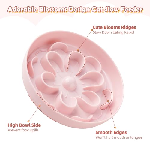 Slow-Food Cat Bowl - Made of Melamine, Suitable for Both Dry and Wet Food - Cute Flower Maze Pattern, Promotes Healthy Feeding and Helps Protect Whiskers - Dishwasher Safe - 6.3 in Wide x 1.1 in high - color: Pink