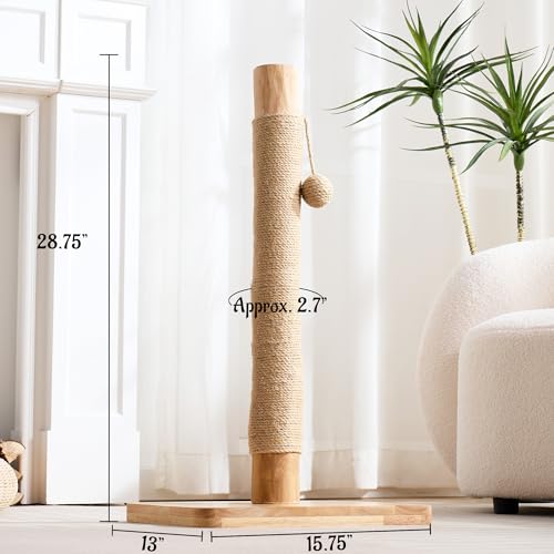 29" Tall Solid Wood Cat Scratching Post for Indoor Cats, Extra Stable Heavy Base, Natural Sisal Scratcher with Hanging Ball, Furniture Protector for Kittens & Adult Cats, Beige - color: Natural