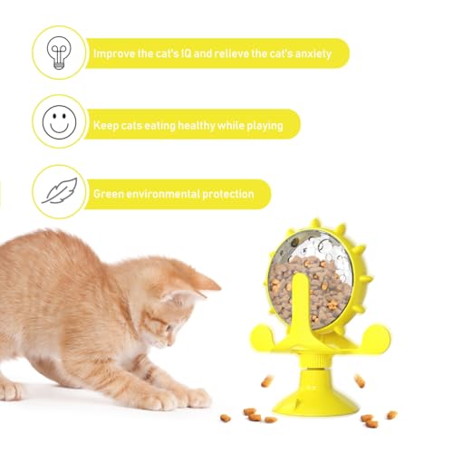 Cat Feeding Toy Rotating Windmill Treat Dispenser Interactive Pet Slow Food Toy with Food Leakage Hole Helps Slow Eating and .11 X 1.57 X 6.69 in - color: Yellow