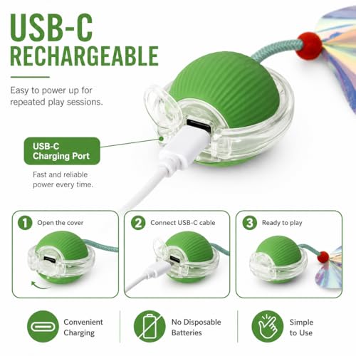 Interactive Cat Toy Ball with LED Lights – USB-C Rechargeable Automatic Cat Toy with Feather Tail for Indoor Cats & Kittens, Upgraded Version - color: Green ball