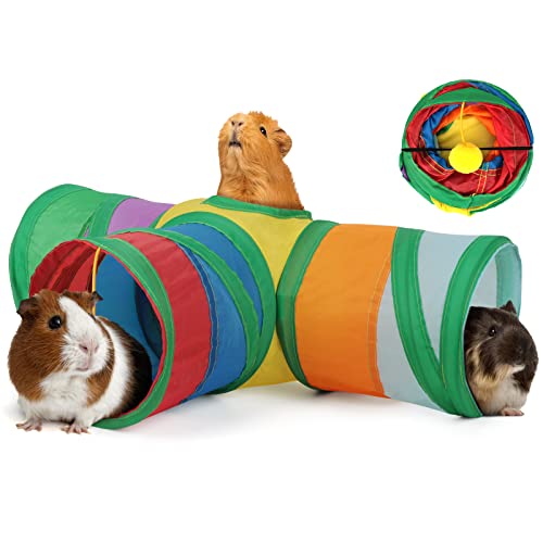 YUEPET Guinea Pig Tunnel, 3-Way Collapsible Play Tubes with Ball, Rainbow - color: Rainbow