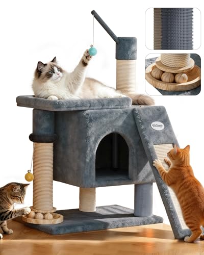 Eco-Wood Cat Tree Tower,【Small but All-in-One】with Scratching Posts, Indoor - color: Mist Blue
