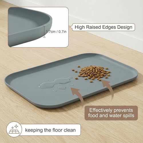 BLESWIN Non-Slip Silicone Dog Food Mat for Food and Water, 18" x 12" Raised Edge Pet Feeding Mat - Waterproof Dog Bowl Mat Easy Clean for Floor Protector,Grey - color: Grey, size: 45 x 30 cm