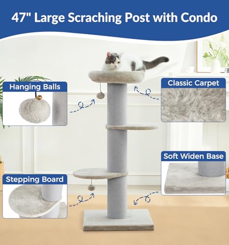 Cat Craft 43" Short Plush Cat Scratching Post with Perch & Bed, Grey - color: Light Grey