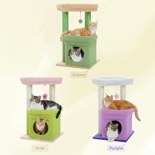 PEQULTI Small Cat Tree Tower for Indoor Cats, Sisal Post & Cozy Condo Green - color: Green, size: M(15.7"L x 15.7"W x 26.7"H)