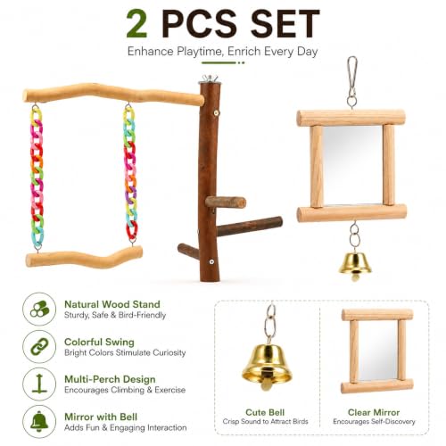 Bird Swing Toys with Perch Stand, Natural Wood Bird Play Stand with Swing and Mirror, Chewable Bird Cage Toy for Budgies Parakeets Cockatiels and Small Parrots
