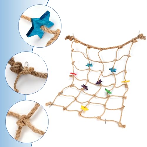 Parrot Climbing Rope Net, 21.65x20.87in Colorful Star Design Bird Hammock Ladder Seagrass Mat Chew Toys with 4pcs Hooks Cockatiels Cage Accessories for Pigeons Cockatoos Parakeets