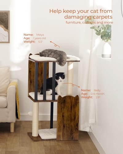 FourFurPets 35.4in 3-Tier Modern Cat Tree Tower Condo, Cat Scratch Posts for Indoor Cats, Big Plate, Two Full Sisal Scratching Posts, Rustic Brown - color: Rustic Brown, size: 19.1"L x 13.8"W x 35.4"H