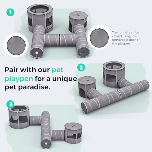 PETOCAT Cat Tunnel 4 Way with Teaser Wand & 2 Plush Ball, 5 Shapes Available, 54/80.7" L, H-Shaped Collapsible Pet Play Tube Maze for Kitten Puppy Bunny Ferret Rabbit, Indoor/Outdoor Peekaboo Cave - size: L-H-Shape