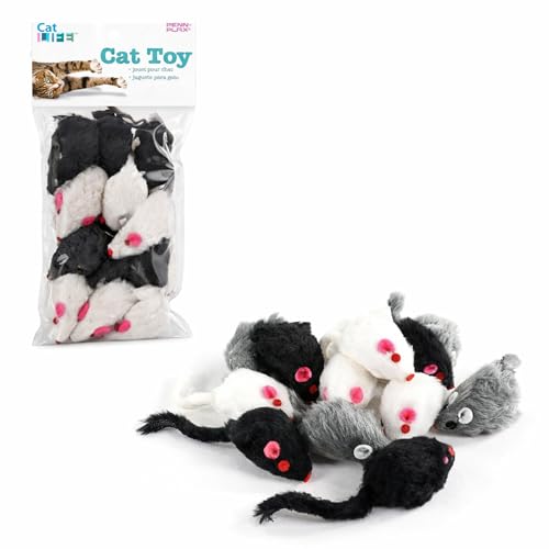 Penn-Plax Play Fur Mice Cat Toys - 12 Pack - Exercise & Hunting - Black