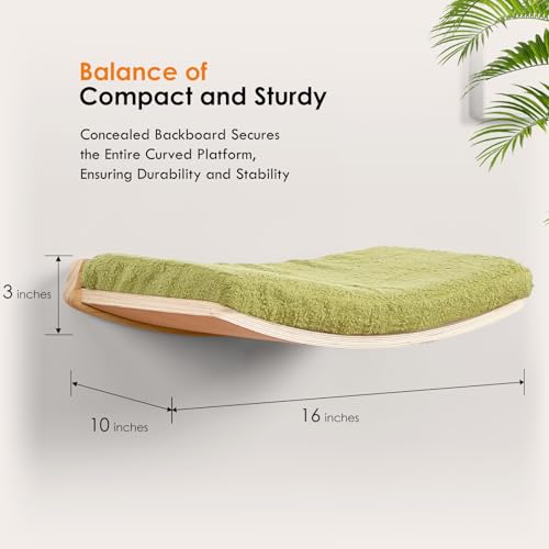 Curved Cat Shelves and Perches, Floating Cat Wall Bed with Comfortable Cushion - color: Wood Shelf+Green Cushion