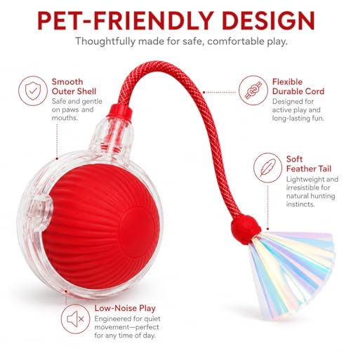 Interactive Cat Toy Ball with LED Lights, USB-C Rechargeable Automatic Cat Toy with Feather Tail, Smart Exercise Toy for Indoor Cats & Kittens, Upgraded Version - color: Red ball