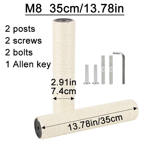 7.4cm 2.91in Diameter Cat Tree Scratching Post Replacement Sisal Pole Parts for Cat Tower (M8, 13.78in/35cm) - color: 13.78in/35cm, size: M8*2posts