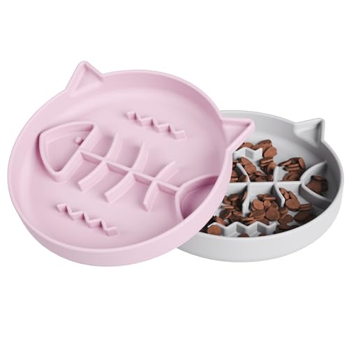Silicone Cat Slow Feeder,Slow Feeder Cat Bowl Wet Food with Suction Cups,Kitty Interactive Toys,Effectively Reduce Overeating in Kitty (Gray+Pink, 1 Cup) - color: Gray+Pink