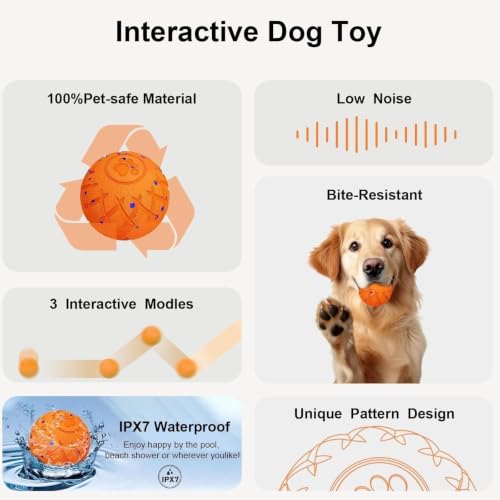 Moving Dog Toy, Interactive, Bouncing and Rotating, Silent Foam Material, IP54 Waterproof Rating, Smart Active Rolling, Stimulation Toys for Medium and to Keep Them Busy - color: Orange