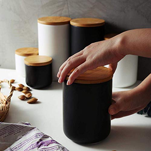 YYW Ceramic Food Storage Jar Canister with Airtight Wooden Lid, Modern Design Food Canisters Loose Tea Coffee Sugar Spice Nuts Snacks Seasonings Storage Jar Caddy (White 6.76oz/200ml) - color: White 7.03 oz/200 ml