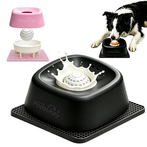 Slow Feeder Dog Bowl for Liquid & Wet Food with Rolling Ball - color: Black+White Ball
