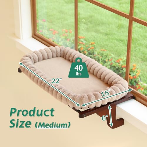 Zakkart SnugCloud Cat Perch for Windowsill (Dark Stained Wood/Brown, M) - color: Dark Stained Wood w/ Brown Bed, size: Medium (22"x15")