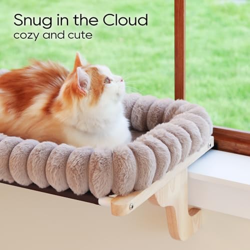 Zakkart SnugCloud Cat Perch for Windowsill (Natural Wood/Brown, M) - color: Natural Color Wood w/ Brown Bed, size: Medium (22"x15")
