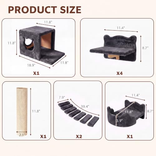 9-in-1 Cat Wall Shelves, Cat Wall Furniture Set with Bridge, Grey - color: Grey, size: 9-in-1