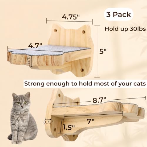 Tlence 3 Pack Cat Wall Shelves for Cats Steps, Wall Mounted Floating Cat Furniture with Non-Slip Felt, Cats Climbing Wall Stairs Perch for Jumping, Playing and Lounging, Holds up to 30lbs