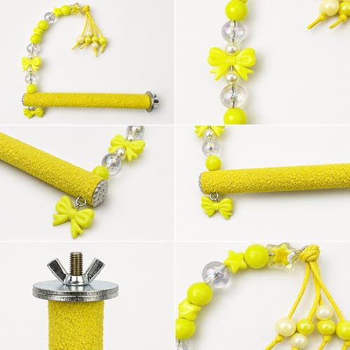Bird Parrot Perch with Beads and Bow Chew Toy,Cage Platform Toy and Exercise Accessories for Budgies Parakeets Cockatiels Conures and Lovebirds (Yellow) - color: yellow