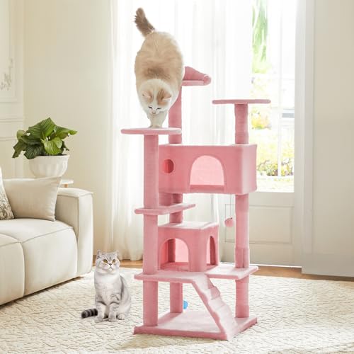 DUMOS 54 Inch Cat Tree Tower with Scratching Posts, Indoor Use - color: Pink, size: 54'' × 20'' × 20''