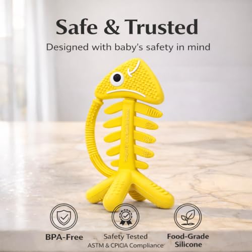3 in 1 Infant Toys, Baby Teething Toys 3–6 6–12 Months, Teethers for Babies 0–3–6–12 Months for Teething Relief, Baby Gift, Baby Teether Toys, Silicone Sensory Toys, USA Patent Pending, Fish (Yellow) - color: Yellow